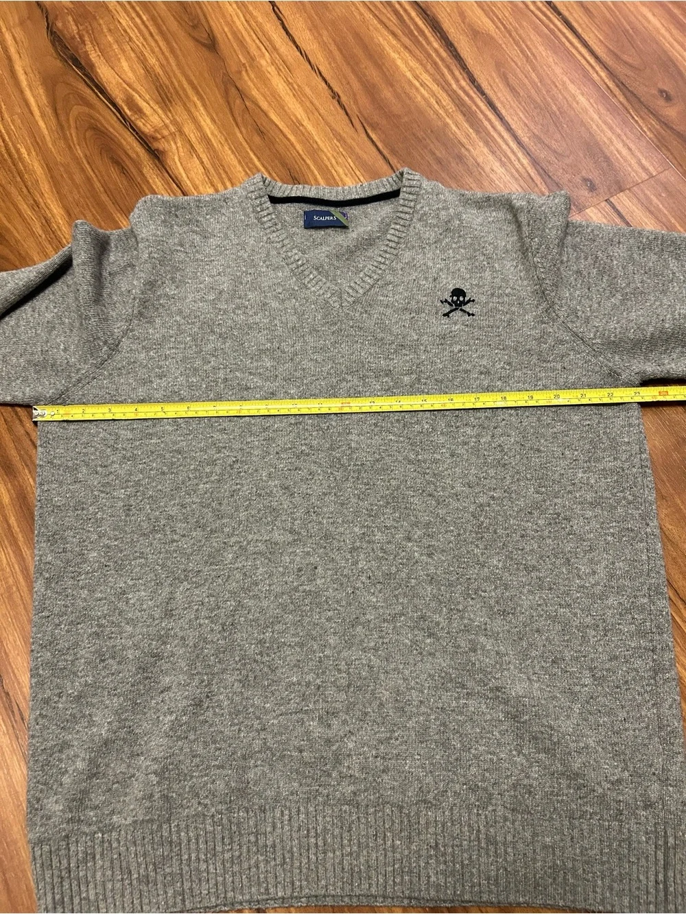 Scalpers Men’s Wool V Neck Grey Skull Logo With Patches On Arm XL